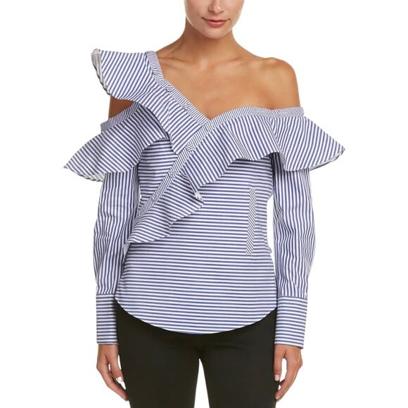 Self Portrait Asymmetrical Blue Striped Top Blouse Size 2 - Picture 13 of 13